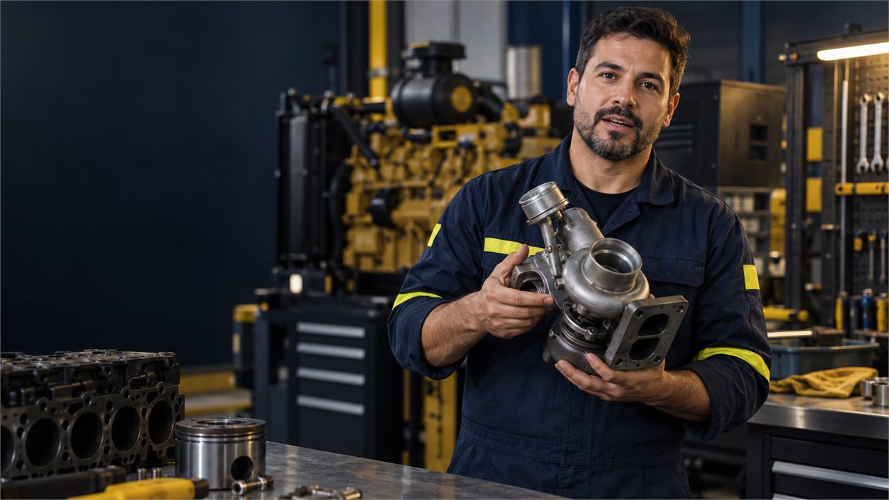 Especialista demonstrando uma peça de motor diesel em oficina